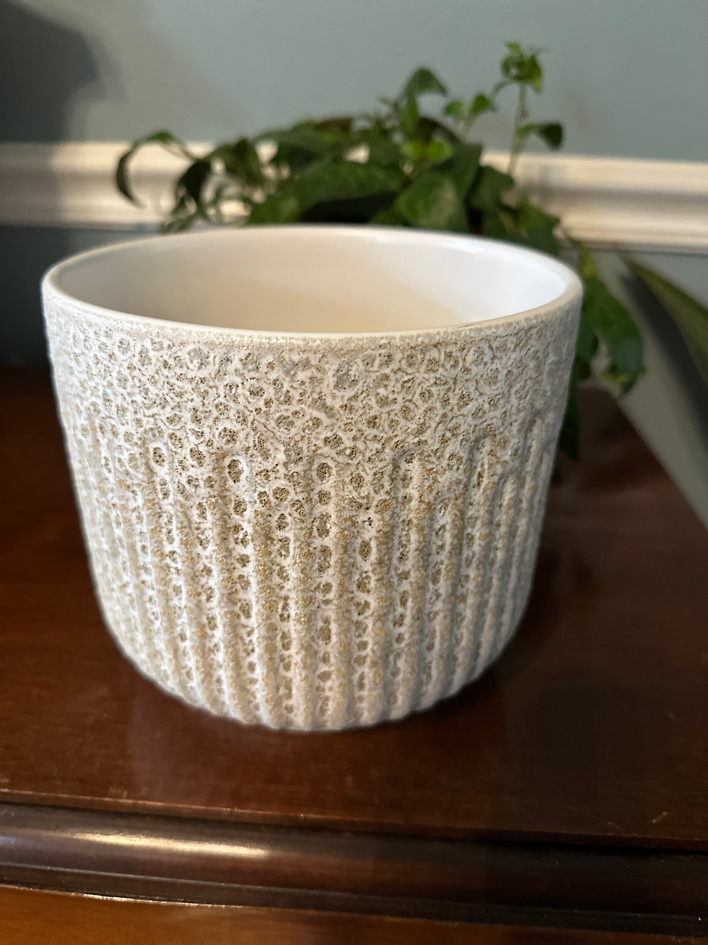 6" white and tan textured planter
