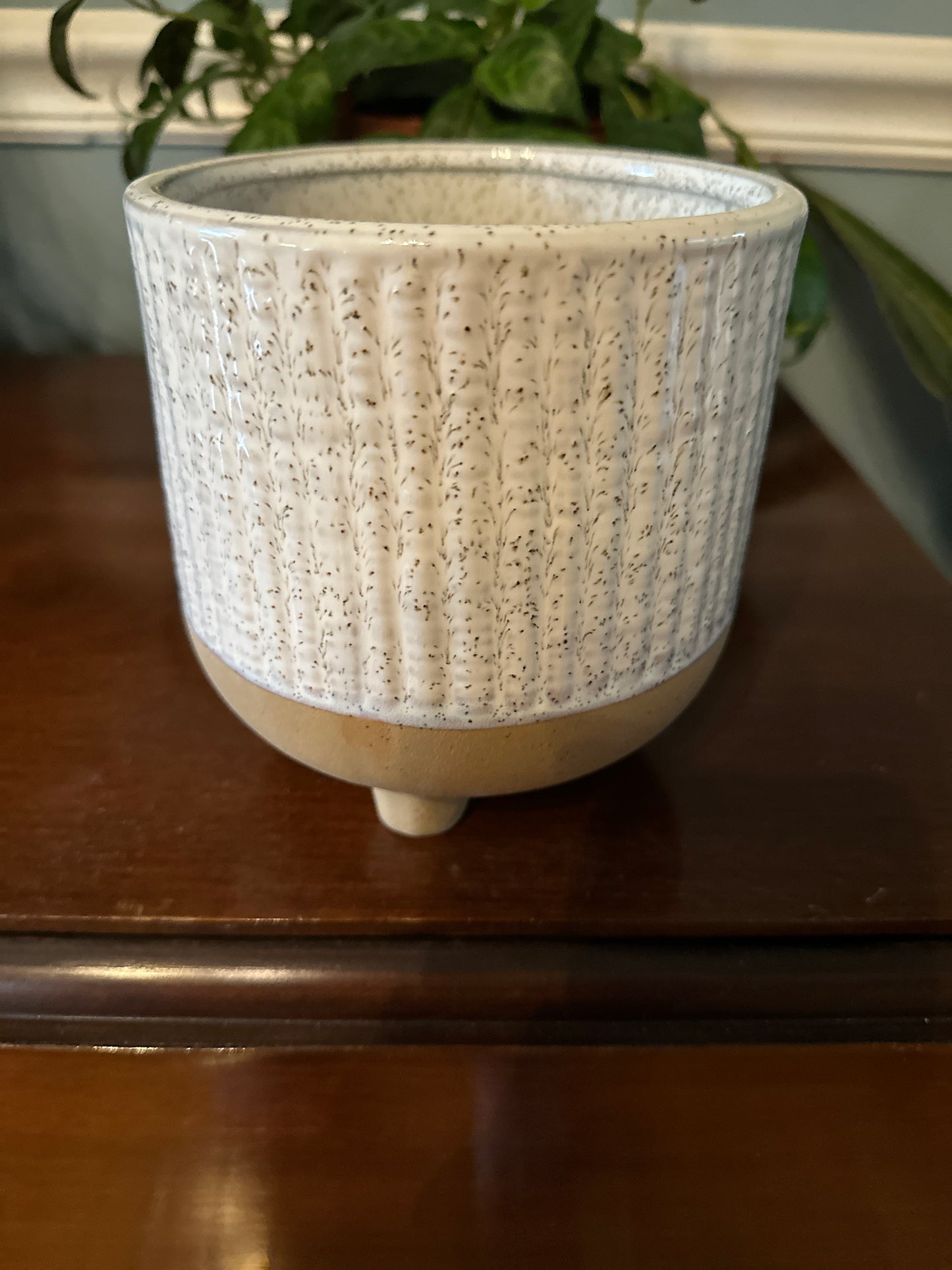 5" white speckled planter with feet