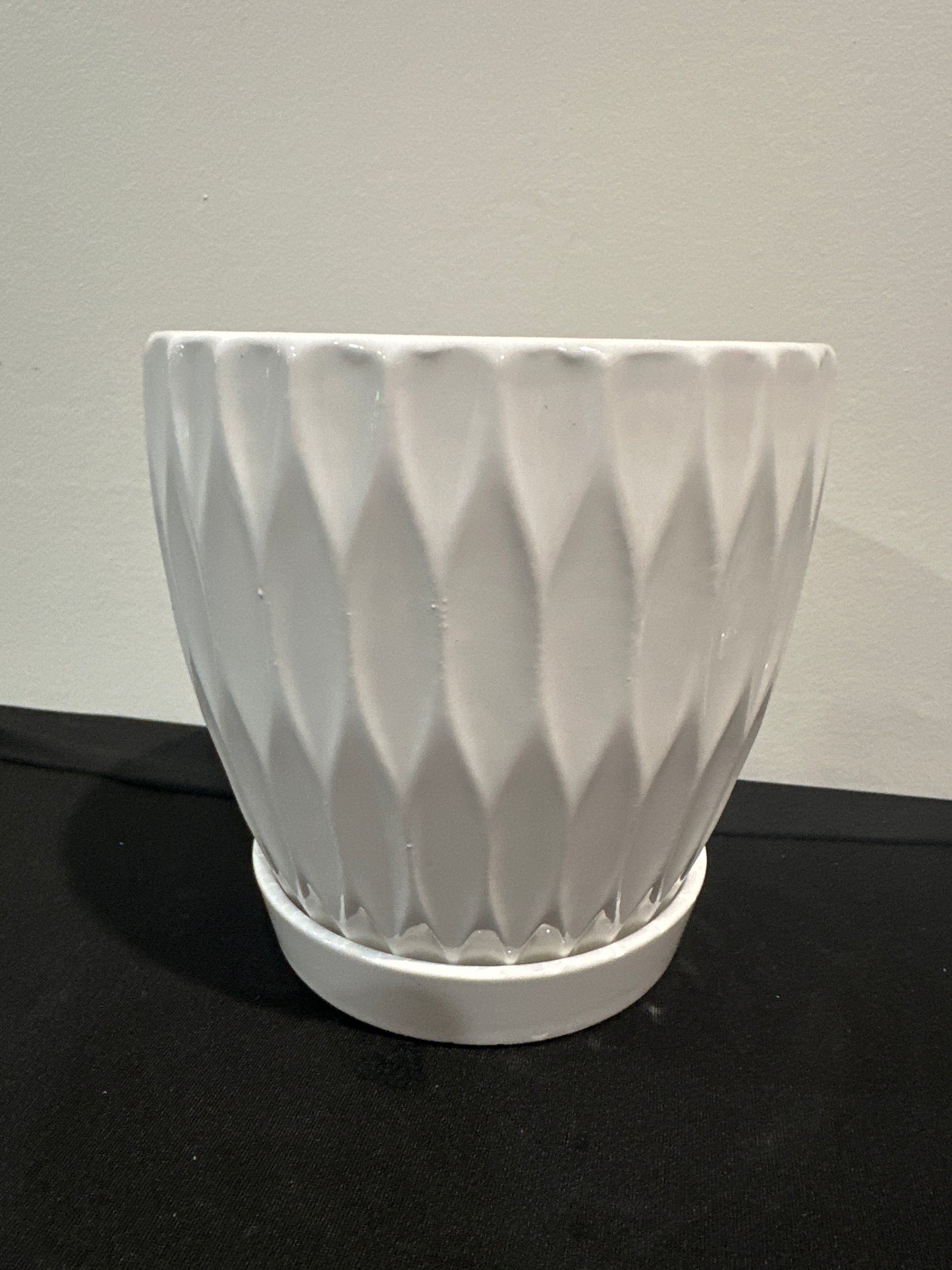 5” white faceted ceramic planter with attached saucer