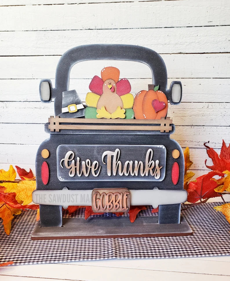 Thanksgiving door hangers, tiered tray sets and interchangeable trucks