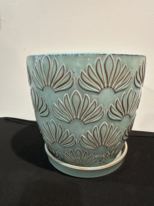 7.5” light blue leaf print ceramic planter with attached saucer