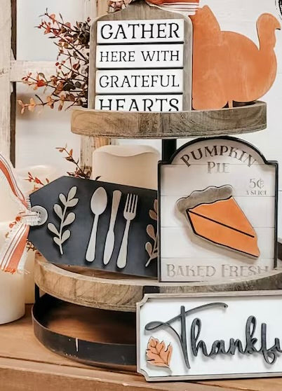 Thanksgiving door hangers, tiered tray sets and interchangeable trucks