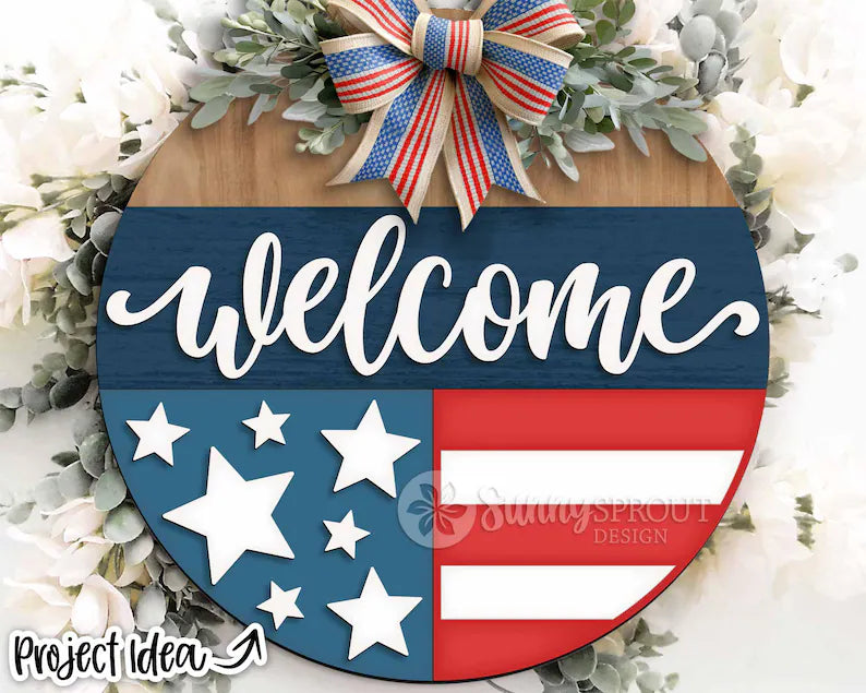 Patriotic wooden door hangers at Wandering Roots 6/6/26