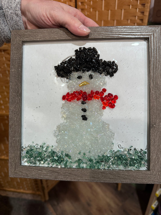 Snowman or winter crushed glass at Wandering Roots