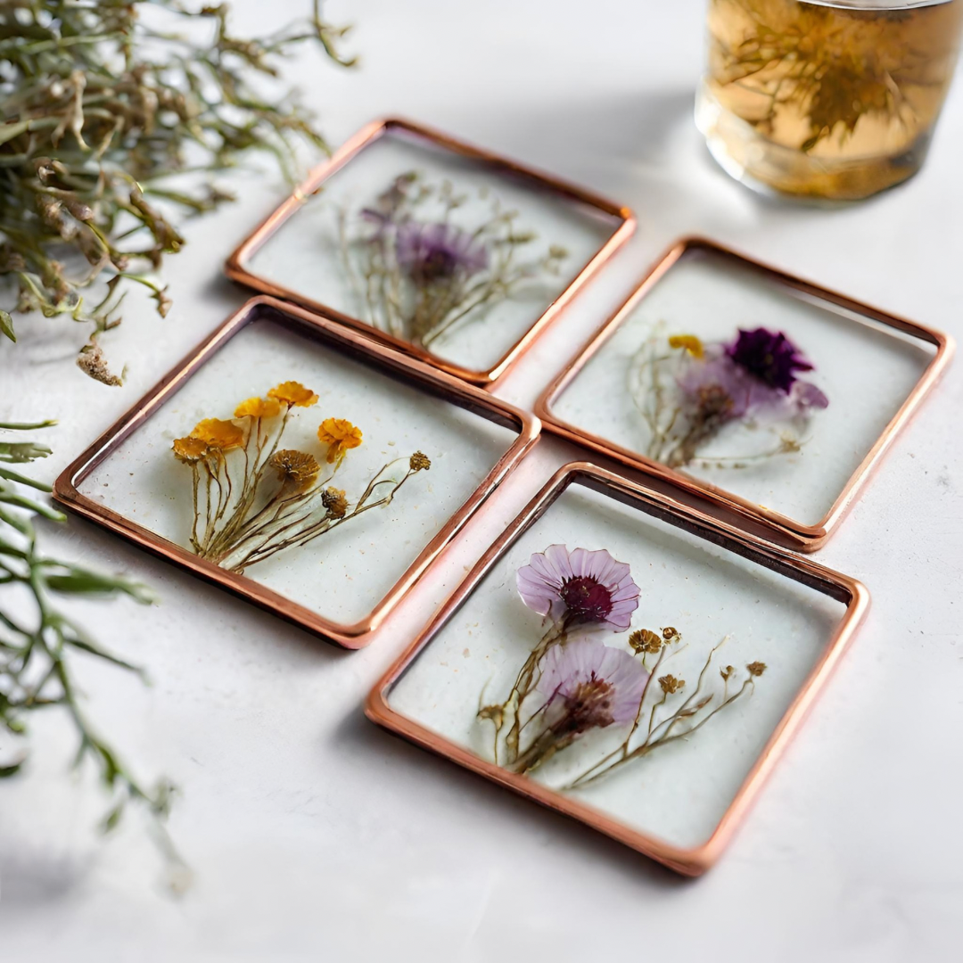 Pressed flower glass coaster set at Dirt Farm Brewery 4/26/24